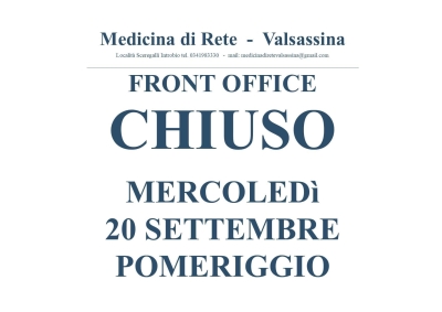 ATTENZIONE: FRONT OFFICE CHIUSO MERCOLEDI&#039; POMERIGGIO