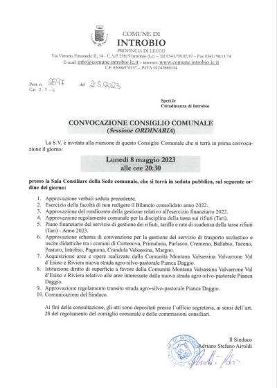 LUNEDI&#039; CONSIGLIO COMUNALE A INTROBIO